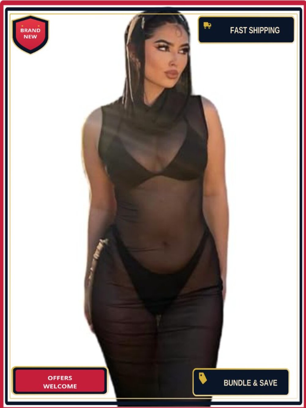 Sexy Sheer Mesh Hooded Maxi Dress Rave Swim Coverup for Women